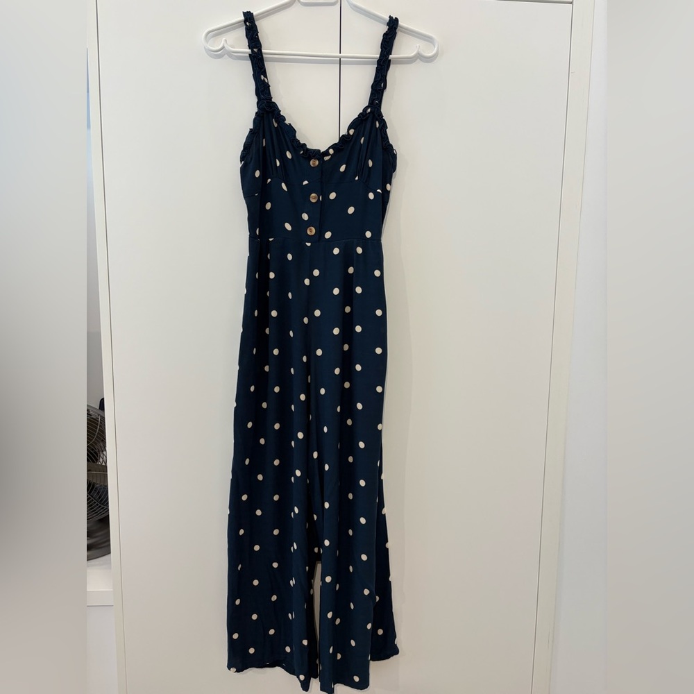 Faithfull the Brand Blue V-Neck Jumpsuit with Cream Dots